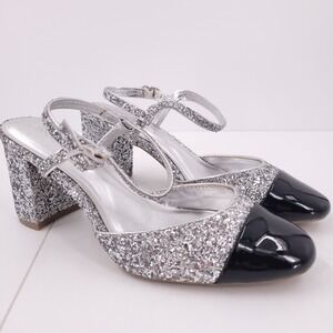 On 34th Dottip Silver Glitter Slingback Pumps Chunky Block Heels Womens 8 M‎